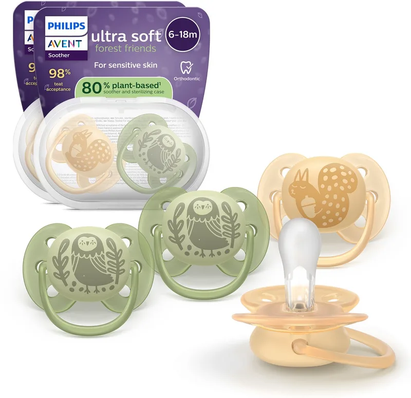 Ultra Soft – Superzachte siliconen fopspeen (6-18 mnd) – Voor gevoelige huid – 4 stuks - SCF091/52 van Philips Avent in Beige groen – productfoto