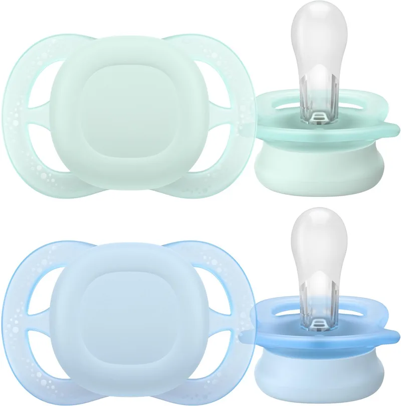 Ultra Start – BPA-vrije siliconen fopspeen (0-2 mnd) – Symmetrisch ontwerp – 2 stuks - SCF075/12 van Philips Avent in Groen en babyblauw – productfoto