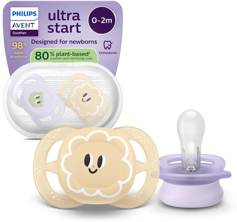 Ultra Start – BPA-vrije siliconen fopspeen (0-6 mnd) – Symmetrisch ontwerp – 2 stuks - SCF075/13 van Philips Avent in Lila en oker met opdruk – productfoto