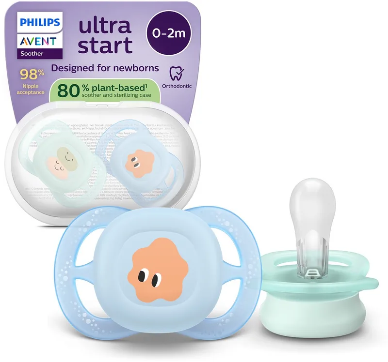 Ultra Start – BPA-vrije siliconen fopspeen (0-6 mnd) – Symmetrisch ontwerp – 2 stuks - SCF075/14 van Philips Avent in Groen en blauw – productfoto