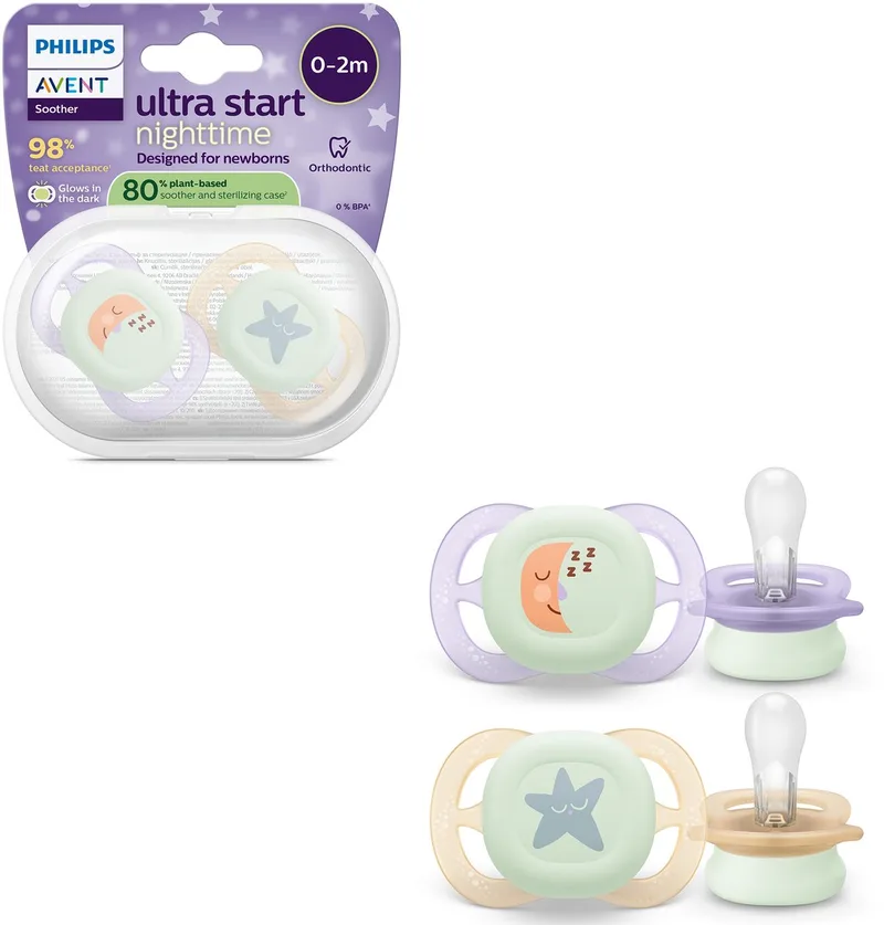 Ultra Start Night – Glow-in-the-dark siliconen fopspeen – 0-2 mnd – 2 stuks - SCF075/17 van Philips Avent in Naturel – productfoto