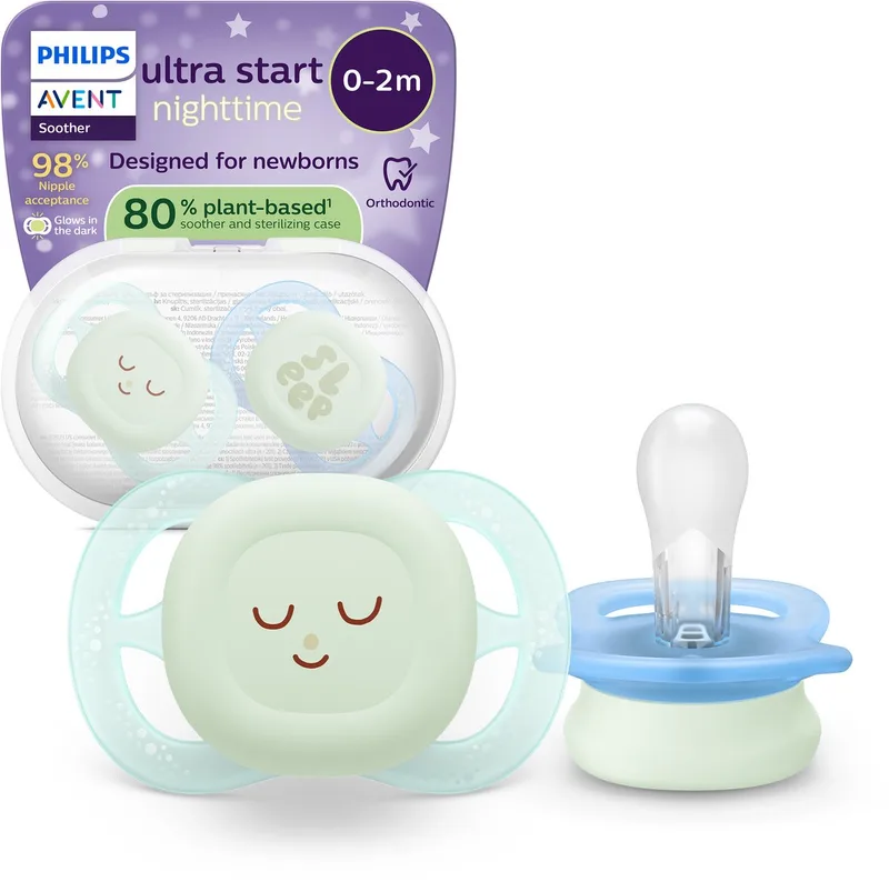 Ultra Start Night – Glow-in-the-dark siliconen fopspeen – 0-2 mnd – 2 stuks - SCF075/18 van Philips Avent in Groen en lichtblauw – productfoto