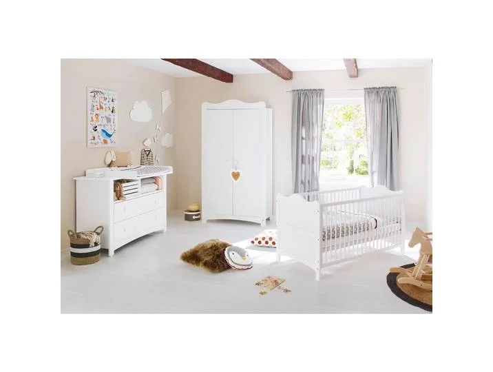 Babyzimmer Florentina, Weiß, Kiefer, teilmassiv, 3 Fächer, 2 Schublade(n) Schubladen, zum Juniorbett umbaubar, höhenverstellbar, Sprossen mit Normabstand, Aufbauanleitung im Karton, Lattenrost inklusive, Schlupfsprossen, Babymöbel, Babyzimmer-Set van Pinolino – productfoto