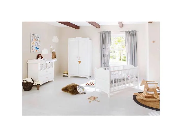 Babyzimmer Florentina, Weiß, Kiefer, teilmassiv, 3 Fächer, 2 Schublade(n) Schubladen, 76x85x146 cm, zum Juniorbett umbaubar, Sprossen mit Normabstand, Lattenrost inklusive, Schlupfsprossen, Babymöbel, Babyzimmer-Sets van Pinolino – productfoto
