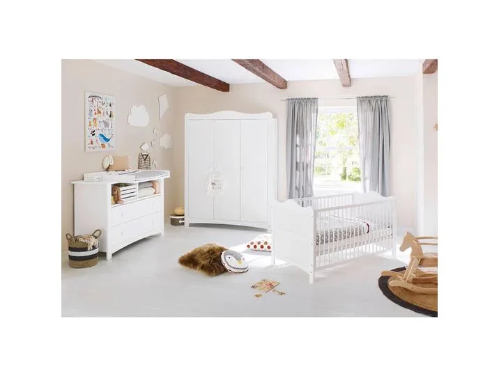 Babyzimmer Florentina, Weiß, Kiefer, teilmassiv, 6 Fächer, 2 Schublade(n) Schubladen, zum Juniorbett umbaubar, höhenverstellbar, Sprossen mit Normabstand, Aufbauanleitung im Karton, Lattenrost inklusive, Schlupfsprossen, Babymöbel, Babyzimmer-Set van Pinolino – productfoto