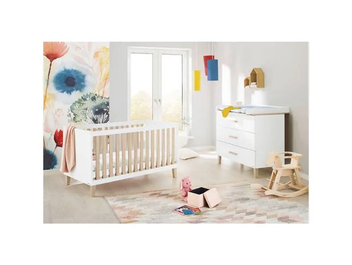 Babyzimmer Lumi, Weiß, Eiche, 3 Schublade(n) Schubladen, FSC Mix, zum Juniorbett umbaubar, höhenverstellbar, Sprossen mit Normabstand, Aufbauanleitung im Karton, Lattenrost inklusive, Schlupfsprossen, Babymöbel, Babyzimmer-Sets de Pinolino – photo produit
