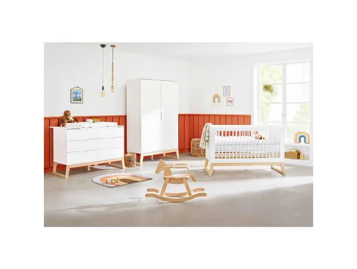 Babyzimmer Pinolino Bridge, Weiß, Esche, Holz, Esche, massiv, 5 Fächer, 6 Schublade(n) Schubladen, 76x94x151 cm, in verschiedenen Größen erhältlich,zum Juniorbett umbaubar, höhenverstellbar, Sprossen mit Normabstand, Aufbauanleitung im Karton, La de Pinolino – photo produit