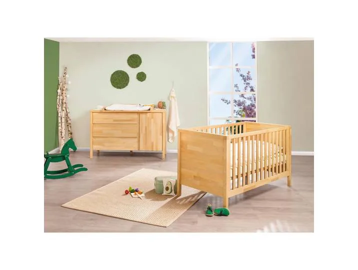 Babyzimmer Pinolino Enno, Buche, Holz, Buche, massiv, 3 Schublade(n) Schubladen, zum Juniorbett umbaubar, höhenverstellbar, Sprossen mit Normabstand, Aufbauanleitung im Karton, Lattenrost inklusive, Schlupfsprossen, Babymöbel, Babyzimmer-Sets van Pinolino – productfoto