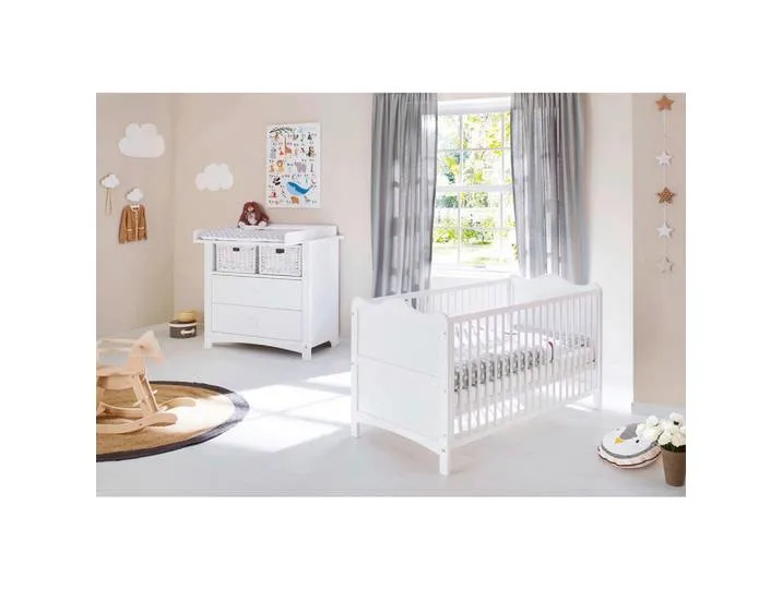 Babyzimmer Pinolino Florentina, Weiß, Kiefer, teilmassiv, 2 Schublade(n) Schubladen, zum Juniorbett umbaubar, höhenverstellbar, Sprossen mit Normabstand, Aufbauanleitung im Karton, Lattenrost inklusive, Schlupfsprossen, Babymöbel, Babyzimmer-Sets van Pinolino – productfoto