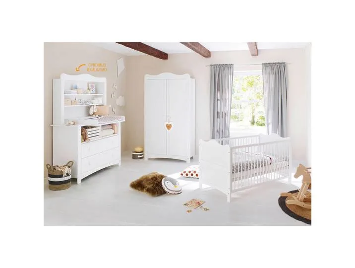 Babyzimmer Pinolino Florentina, Weiß, Kiefer, teilmassiv, 3 Fächer, 2 Schublade(n) Schubladen, zum Juniorbett umbaubar, höhenverstellbar, Sprossen mit Normabstand, Aufbauanleitung im Karton, Lattenrost inklusive, Schlupfsprossen, Babymöbel, Babyz van Pinolino – productfoto