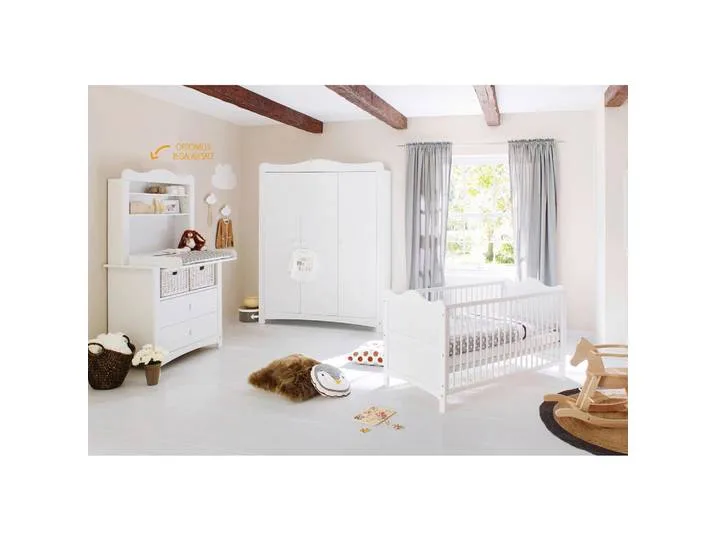 Babyzimmer Pinolino Florentina, Weiß, Kiefer, teilmassiv, 6 Fächer, 2 Schublade(n) Schubladen, zum Juniorbett umbaubar, höhenverstellbar, Sprossen mit Normabstand, Aufbauanleitung im Karton, Lattenrost inklusive, Schlupfsprossen, Babymöbel, Babyz van Pinolino – productfoto