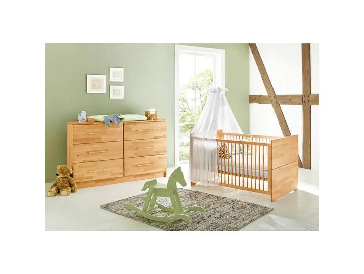 Babyzimmer Pinolino Natura, Buche, Holz, Buche, massiv, 6 Schublade(n) Schubladen, zum Juniorbett umbaubar, höhenverstellbar, Sprossen mit Normabstand, Aufbauanleitung im Karton, Lattenrost inklusive, Schlupfsprossen, Babymöbel, Babyzimmer-Sets de Pinolino – photo produit