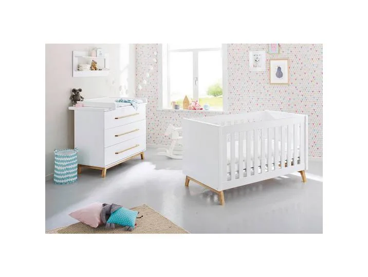 Babyzimmer Pinolino Riva, Esche, Weiß, 3 Schublade(n) Schubladen, 78x88x149 cm, Sprossen mit Normabstand, Aufbauanleitung im Karton, Lattenrost inklusive, Schlupfsprossen, höhenverstellbar, zum Juniorbett umbaubar, Babymöbel, Babyzimmer-Sets de Pinolino – photo produit