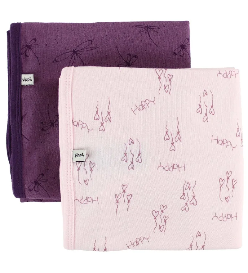 Deken - 70x70 - 2-pack - Paars/Roze m. Harten/Vlinder van Pippi Baby – productfoto