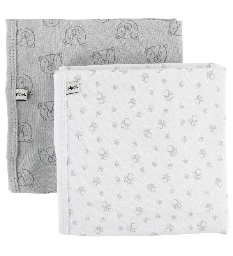 Dekens - 70x70 - 2-pack - Wit/Lichtgrijs m. Beren/Voetafdr by Pippi Baby – product photo