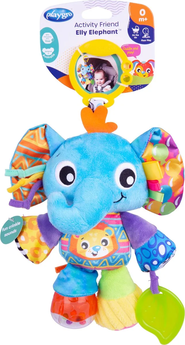 Activiteiten vriend Elly Olifant - Baby speelgoed - Hangspeeltje - Kinderwagenspeeltje - Rammelaar - Kinderwagenaccessoire - Buggyaccessoire- Educatief Speelgoed - Knuffeldier från Playgro i Flerfärgad – produktbild