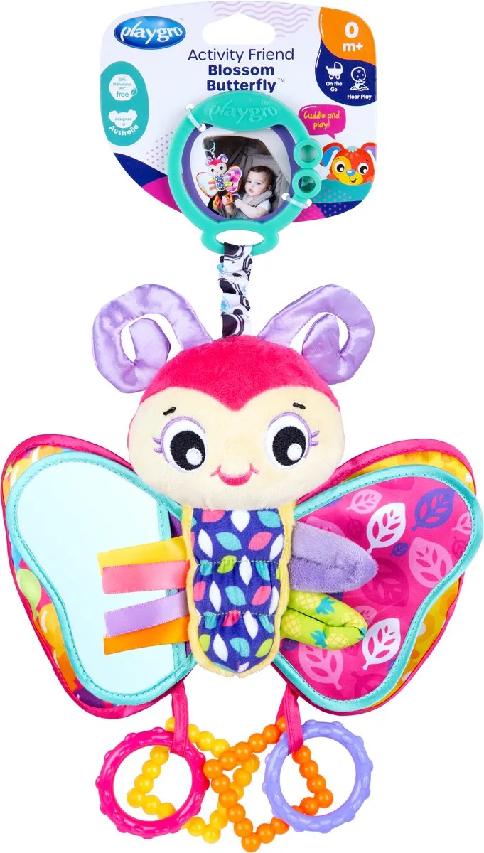 Activity Friend Blossom Butterfly - Baby Speelgoed - Hangspeeltje - Kinderwagenspeeltje - Rammelaar - Kinderwagenaccessoire - Buggyaccessoire - Educatief Speelgoed - Knuffeldier van Playgro in Roze – productfoto