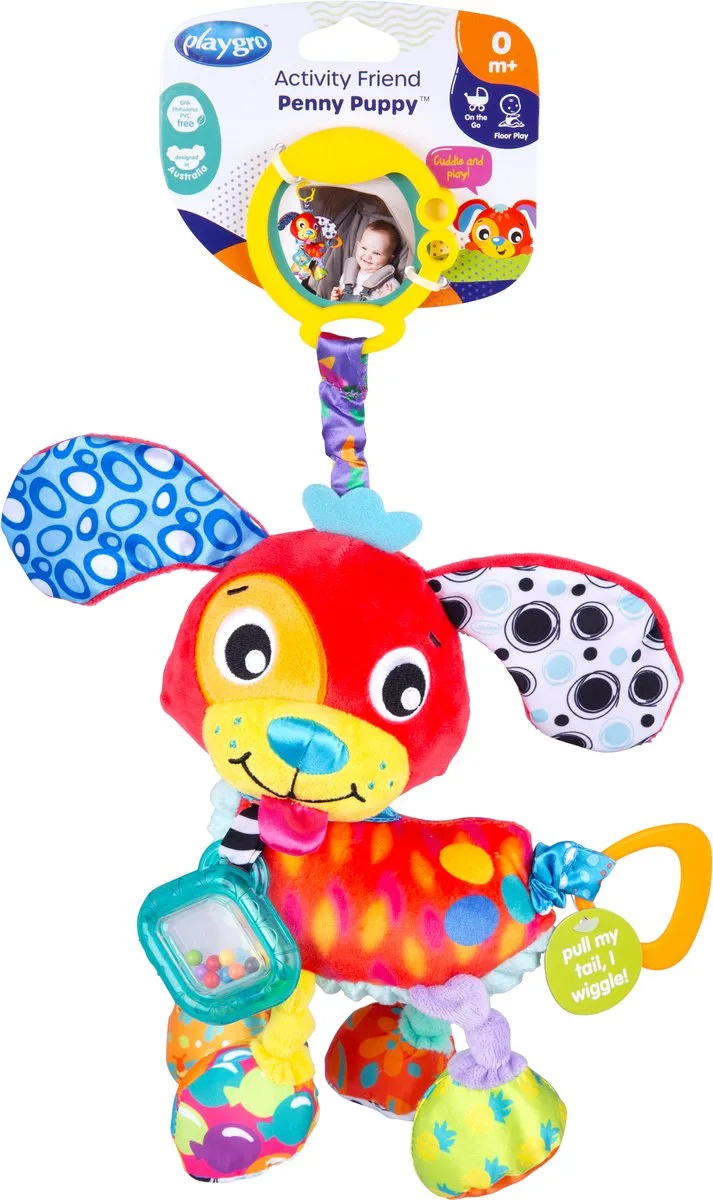 Activity Friend Penny Puppy - Baby Speelgoed - Hangspeeltje - Kinderwagenspeeltje - Rammelaar - Kinderwagenaccessoire - Buggyaccessoire - Educatief Speelgoed- - Knuffeldier van Playgro in Rood – productfoto