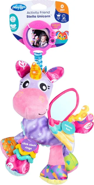Activity Friend Stella Unicorn - Baby Speelgoed - Hangspeeltje - Kinderwagenspeeltje - Rammelaar - Kinderwagenaccessoire - Buggyaccessoire- - Educatief Speelgoed - Knuffeldier by Playgro in Pink – product photo 1 of 4