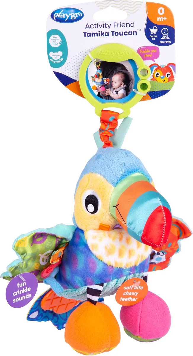 Activity Friend Tamika Toucan - Baby Speelgoed - Hangspeeltje - Kinderwagenspeeltje - Rammelaar - Kinderwagenaccessoire - Buggyaccessoire - - Educatief Speelgoed - Knuffeldier van Playgro in Meerkleurig – productfoto