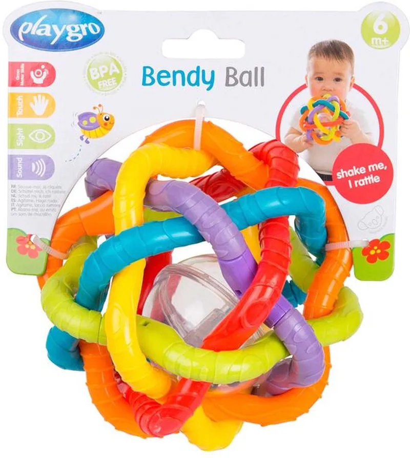 Buigbare Bendy Ball - Grijp- en Bijtspeelgoed - incl rammelaar - Activiteitenbal- Baby bal - Baby Speelgoed - Educatief baby speelgoed - Speelgoed Baby - Activity centre - Rammelaar - Activiteiten speelgoed - Cadeau - stimuleert ontwikkeling van Playgro in Meerkleurig – productfoto