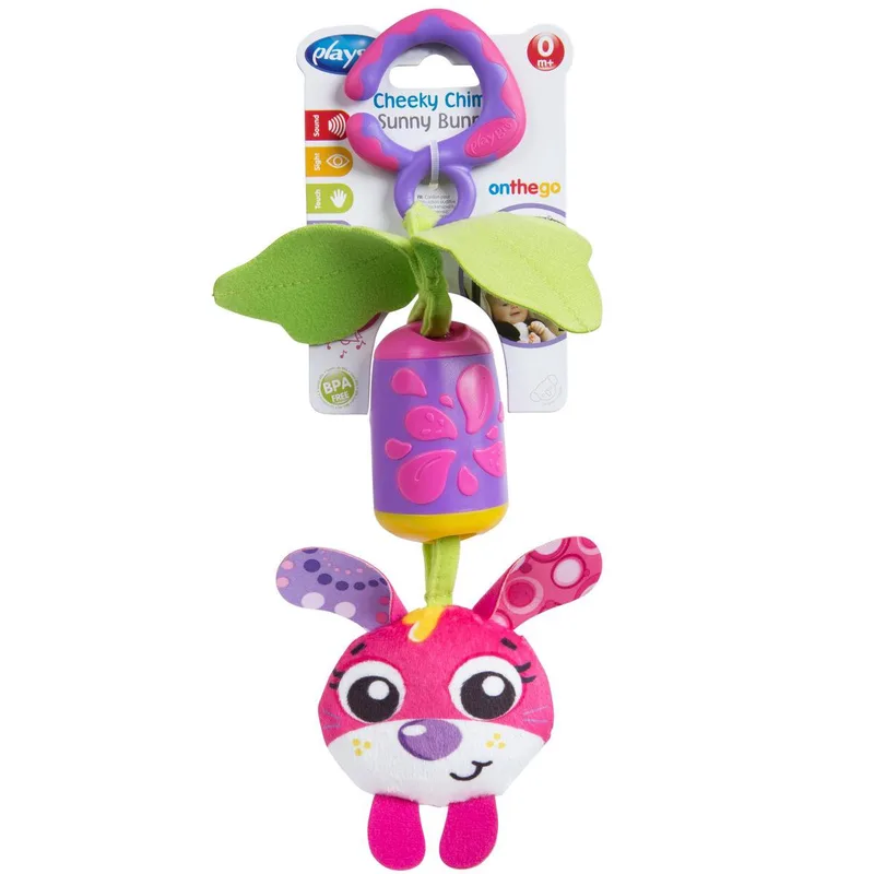 Cheeky Chime Sunny Bunny - Hangspeeltje - Kinderwagenspeeltje - Baby speelgoed - Baby speelgoed met geluid - Kinderwagenaccessoire - Buggyaccessoire- Educatief Speelgoed - Knuffeldier - Baby speelgoed met muziek van Playgro in Roze – productfoto