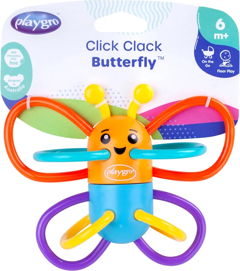 Click Clack Butterfly Rammerlaar - Bijtrammelaar - bijtring - Baby speelgoed - bijtspeeltje - Grijpspeelgoed - Speeltje - Baby rammelaar- Met geluid van Playgro in Oranje – productfoto