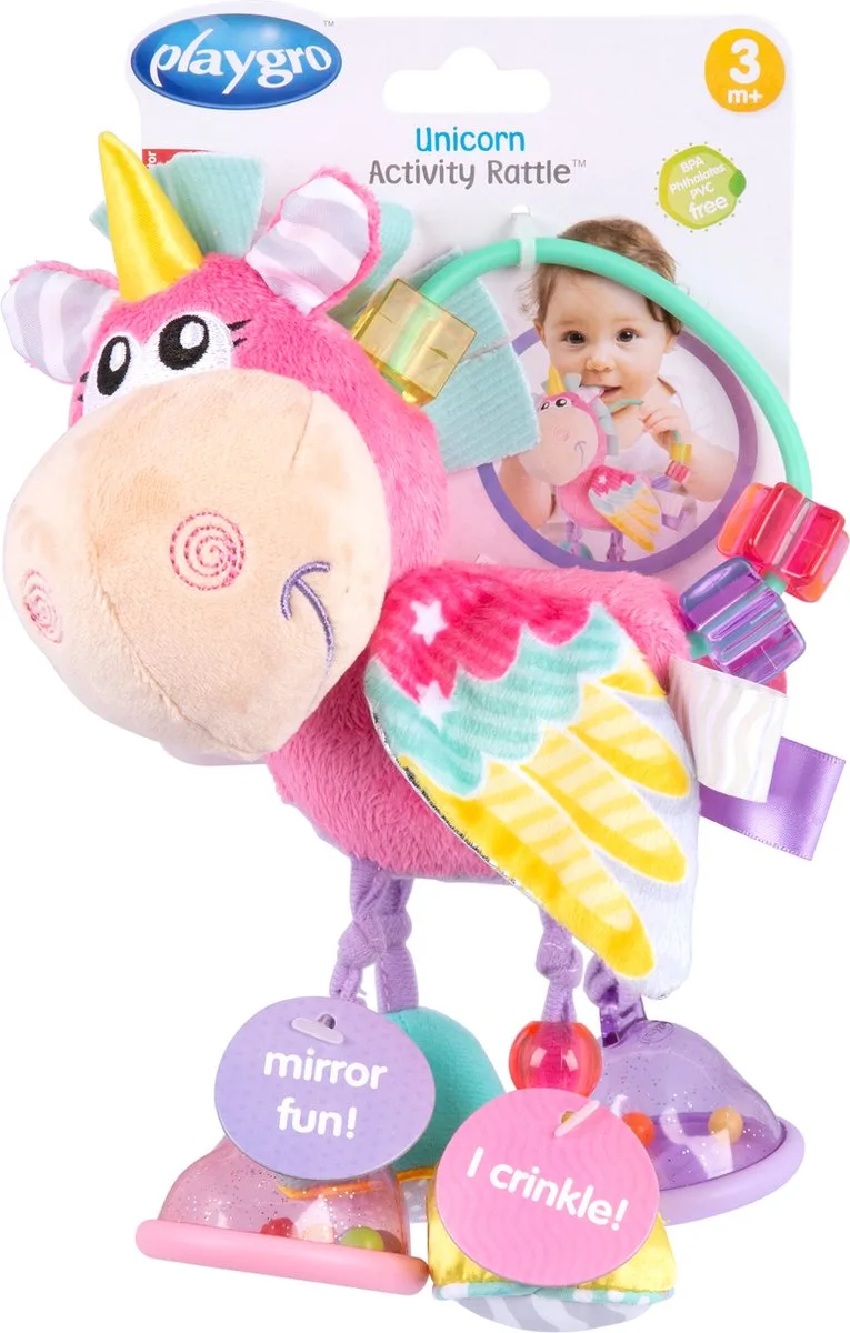 Clip Clop Rammelaar Unicorn Eenhoorn - Activiteitenspeeltje - Rammelaar - Kraamkado - Baby speelgoed - Babyspeeltje - Kinderwagenaccessoire - Knuffeldier - Baby rammelaar - Bijtspeelgoed - Grijpspeelgoed - Baby de Playgro en Rose – photo produit
