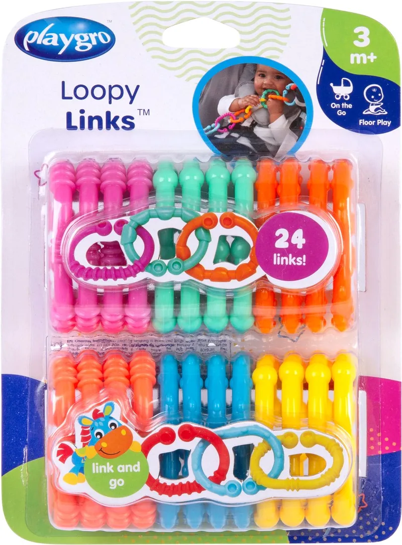Loopy Links Schakelringen 24 Stuks - Speelgoedringen en Bijtringen - Kinderwagen Speelgoed en Kinderwagenketting - BPA-vrij Grijp- en Bijtspeelgoed - Kraamcadeau - 3 tot 36 Maanden van Playgro in Meerkleurig – productfoto
