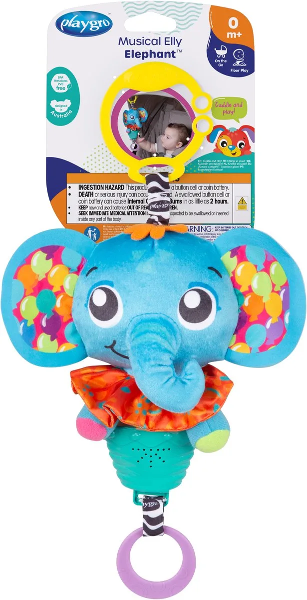 Musical Pullstring Elly Elephant - Hangspeeltje - -Speelgoed Baby - Speelgoed 1 jaar - Kinderwagenspeeltje - Baby speelgoed - Kinderwagenaccessoire - Buggyaccessoire- Educatief Speelgoed - Knuffeldier - Baby speelgoed met muziek de Playgro en Bleu – photo produit