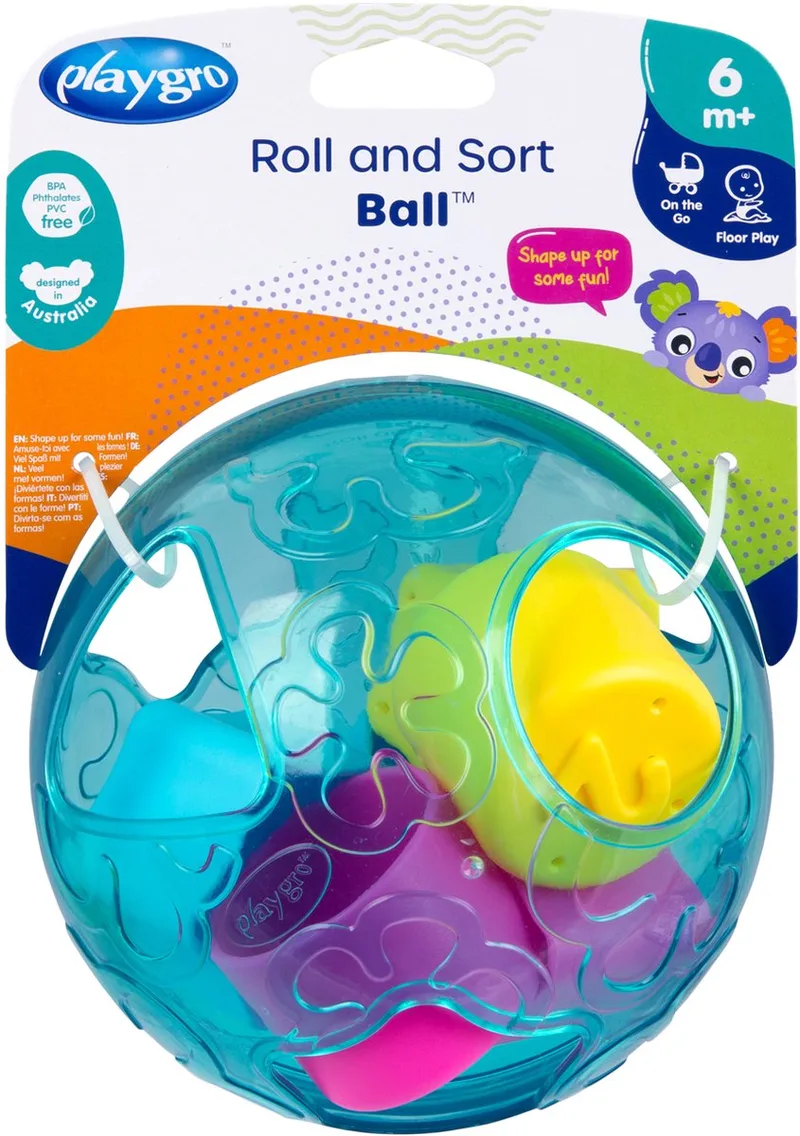 Roll and Sort Ball - Baby bal - vormsorteerder - Baby speelbal - Speelgoed Baby - Speelgoed 1 jaar - Educatief baby speelgoed - Bal voor baby - motoriek baby - Baby rammelaar - interactief baby speelgoed - inclusief zachte blokken van Playgro in Blauw – productfoto