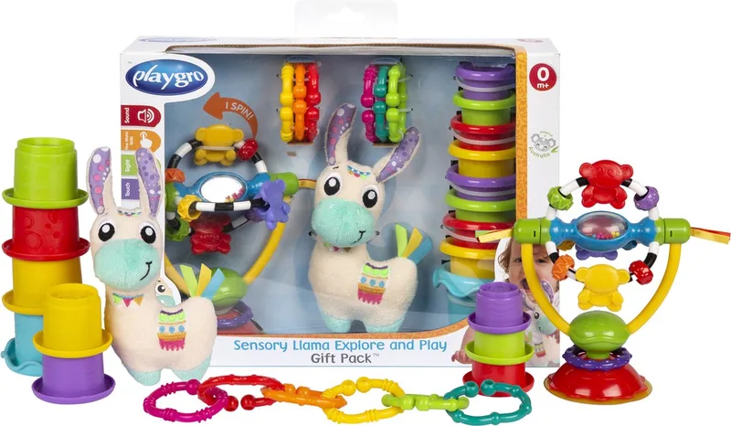 Sensoriche Ontdek Geschenkset - Kraamkado - Lama Knuffel - Kinderstoelspeeltje - 9 bekers - 6 ringen - -Speelgoed Baby - Speelgoed 1 jaar - Baby speelgoed - Baby geschenkset - Kraamcadeau de Playgro en Mutli – photo produit
