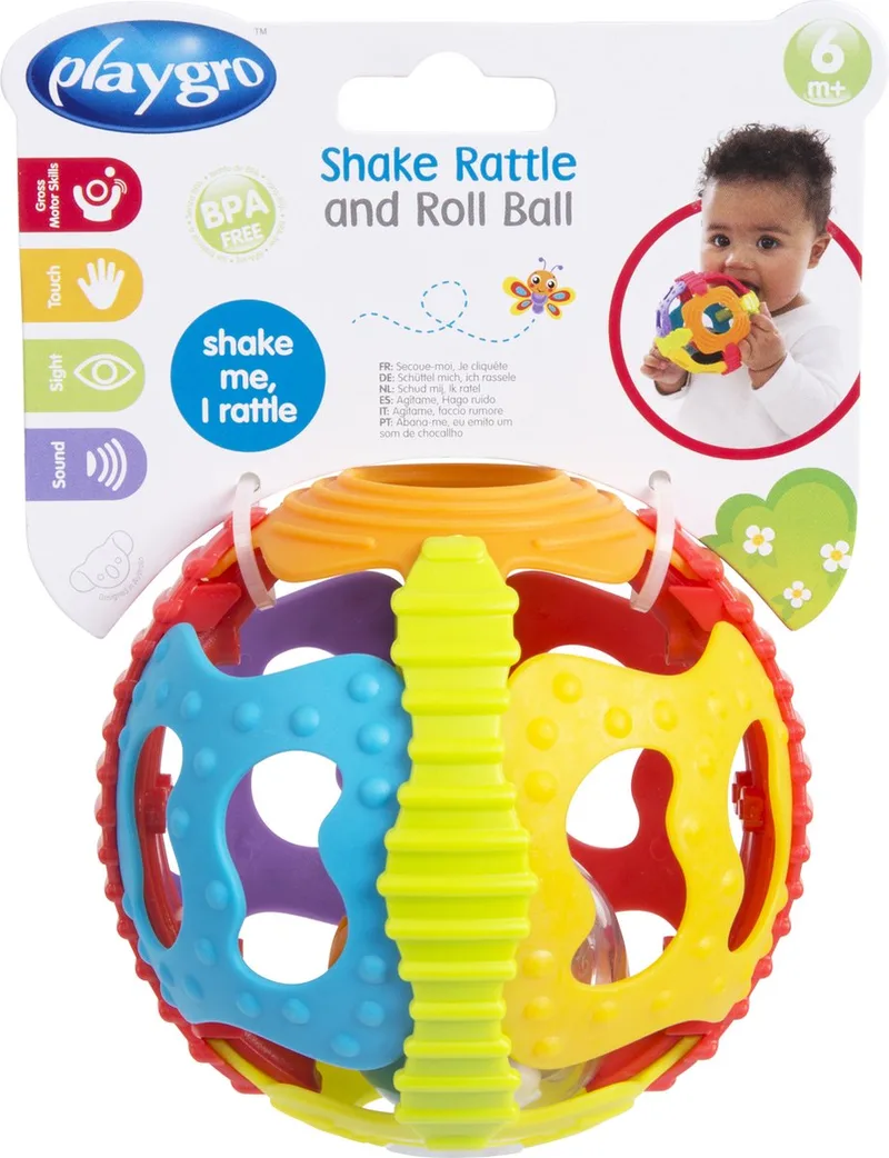 Shake Rattle and Roll Ball - Baby bal - Baby bal rammelaar - rammelaar - Speelgoed Baby - Speelgoed 1 jaar - Baby rammelaar Baby bal - Baby Speelgoed - Educatief baby speelgoed van Playgro in Meerkleurig – productfoto