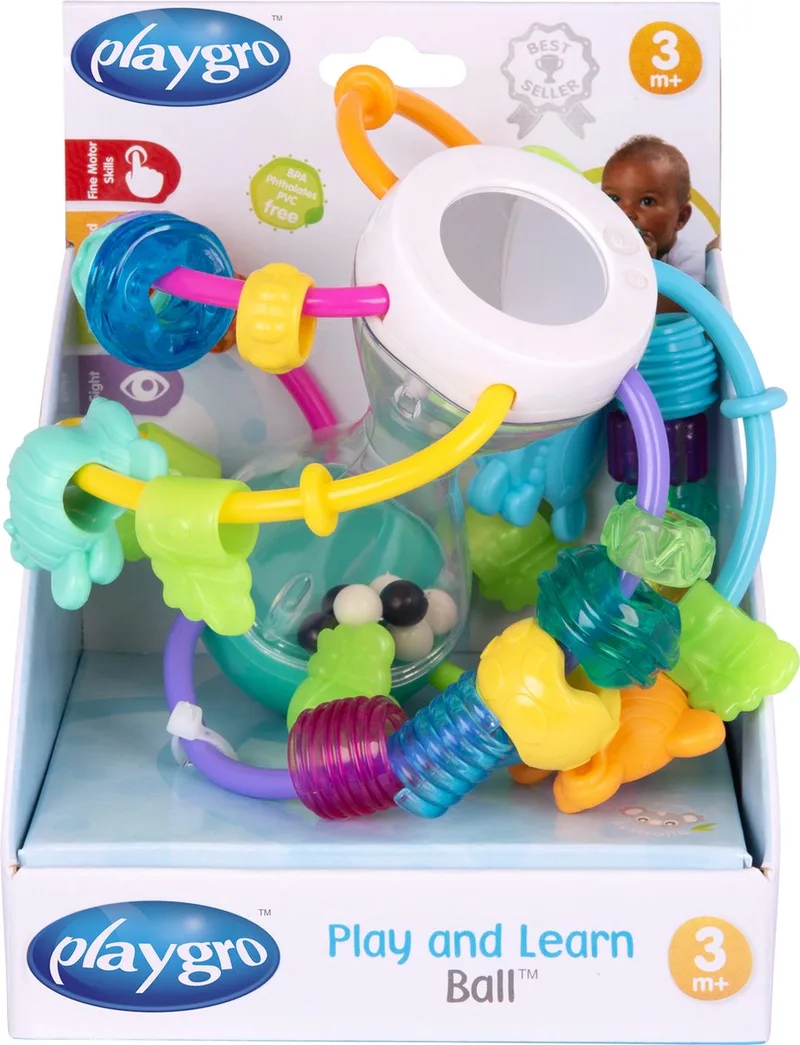 Speel- en Leerbal - Baby Rammelaar Bal met Spiegeltje en Bijtprofiel - Grijp- en Bijtspeelgoed - Sensorisch Babyspeelgoed - Educatief Speelgoed - Kraamcadeau & Babyshower Cadeau - Van 3 tot 24 Maanden van Playgro in Meerkleurig – productfoto