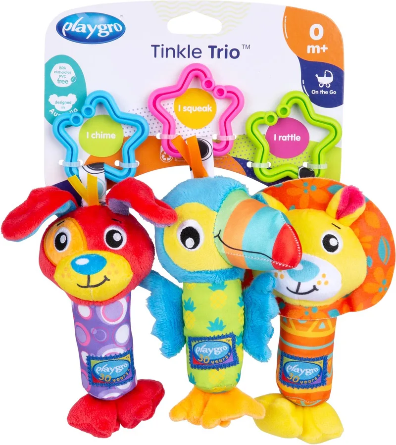 Tinkle Trio- Hangspeeltjes - Kinderwagenspeeltjes - Rammelaar - Kinderwagenaccessoire - Buggyaccessoire- Educatief Speelgoed - Knuffeldier - Knijpspeelgoed Baby - Ontwikkelingsspeelgoed Baby - Zacht baby speelgoed 3 stuks van Playgro in Meerkleurig – productfoto