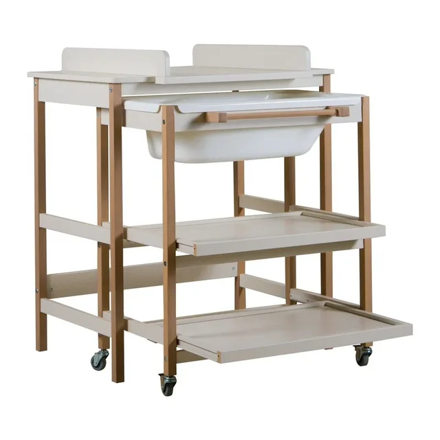 Luiertafel met Bad Smart – Clay/Natural | All-in-One Verzorgingstafel met Uitschuifbaar Badje & Opbergruimte