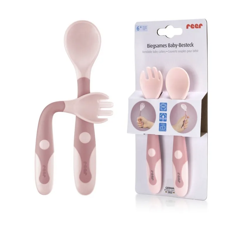 Kinderbesteck Baby Besteckset Biegsam Löffel & Gabel (2-tlg), Kunststoff, 360° biegsam van Reer in Roze – productfoto 1 van 3