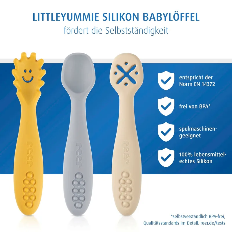 Reer 3er-Pack Silikon-Löffel LittleYummie de Reer en Jaune, Gris, 17 × 10 × 1,5 mm – photo produit 3 sur 3