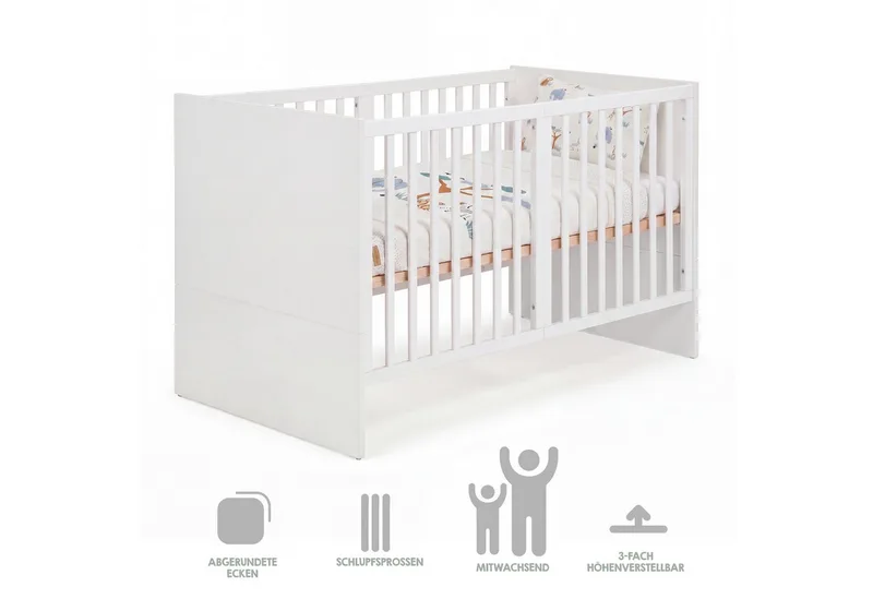 Babybett 70 x 140 cm - verschiedene moderne Designs - aus Holz - mitwachsend, praktisches Gitterbett - Baby Bett ab Geburt - höhenverstellbar von roba in Weiß – Produktfoto 5 von 5