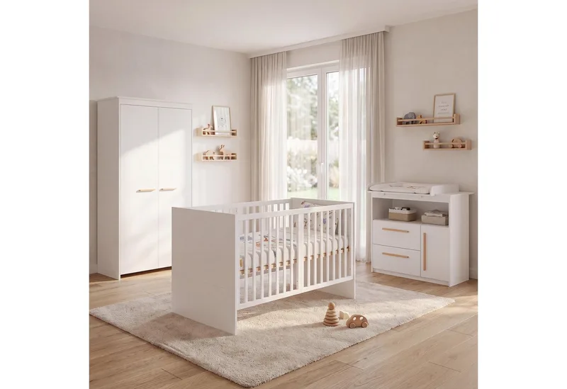Babybett 70 x 140 cm - verschiedene moderne Designs - aus Holz - mitwachsend, praktisches Gitterbett - Baby Bett ab Geburt - höhenverstellbar von roba in Weiß – Produktfoto 2 von 5