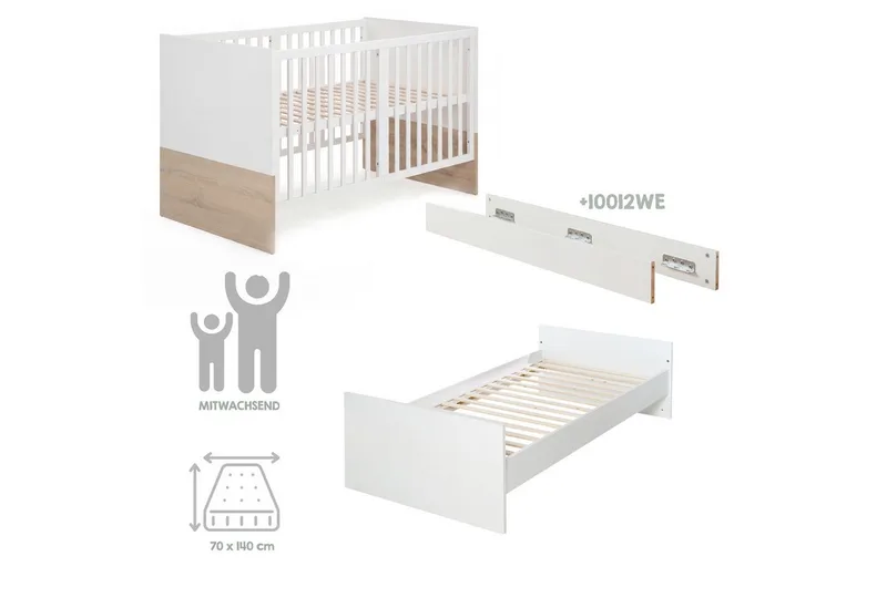 Babybett 70 x 140 cm - verschiedene moderne Designs - aus Holz - mitwachsend, praktisches Gitterbett - Baby Bett ab Geburt - höhenverstellbar by roba in White – product photo 5 of 5