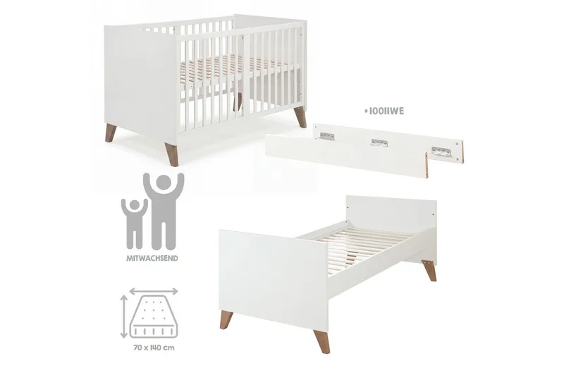 Babybett 70 x 140 cm - verschiedene moderne Designs - aus Holz - mitwachsend, praktisches Gitterbett - Baby Bett ab Geburt - höhenverstellbar von roba in Weiß – Produktfoto 5 von 5