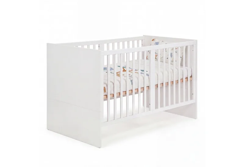 Babybett 70 x 140 cm - verschiedene moderne Designs - aus Holz - mitwachsend, praktisches Gitterbett - Baby Bett ab Geburt - höhenverstellbar fra roba i Weiß – produktbillede