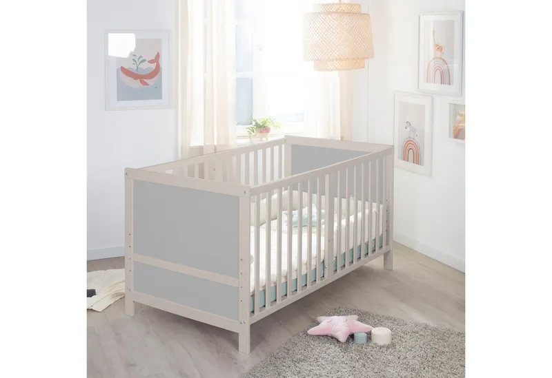 Babybett EASY SLEEP 70 x 140 cm - umbaubar zum Juniorbett - Gitterbett Baby, 3 Schlupfsprossen, 3-fach höhenverstellbar - aus Holz - Natur von roba in Grau – Produktfoto 3 von 5