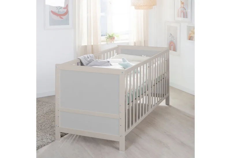 Babybett EASY SLEEP 70 x 140 cm - umbaubar zum Juniorbett - Gitterbett Baby, 3 Schlupfsprossen, 3-fach höhenverstellbar - aus Holz - Natur von roba in Grau – Produktfoto 2 von 5