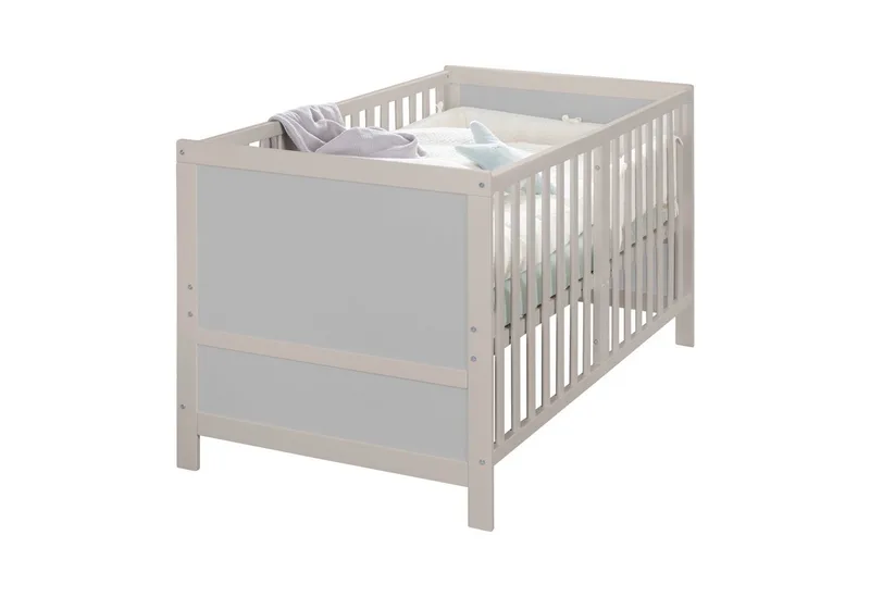 Babybett EASY SLEEP 70 x 140 cm - umbaubar zum Juniorbett - Gitterbett Baby, 3 Schlupfsprossen, 3-fach höhenverstellbar - aus Holz - Natur by roba in Grau – product photo
