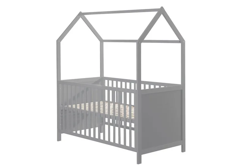 Babybett Hausbett 70 x 140 cm, Babybett in Hausoptik, höhenverstellbar, Umbaubar zum Juniorbett fra roba i Grau – produktbillede