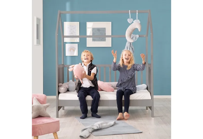 Babybett Hausbett 70 x 140 cm, Babybett in Hausoptik, höhenverstellbar, Umbaubar zum Juniorbett von roba in Grau – Produktfoto 5 von 5