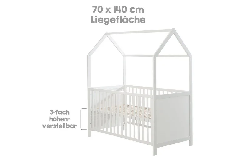 Babybett Hausbett 70 x 140 cm, Babybett in Hausoptik, höhenverstellbar, Umbaubar zum Juniorbett von roba in Grau – Produktfoto 3 von 5