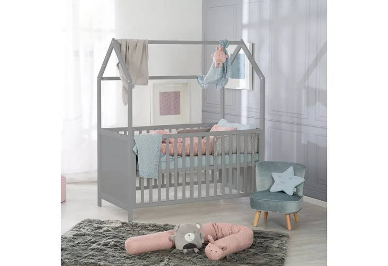 Babybett Hausbett 70 x 140 cm, Babybett in Hausoptik, höhenverstellbar, Umbaubar zum Juniorbett von roba in Grau – Produktfoto 4 von 5